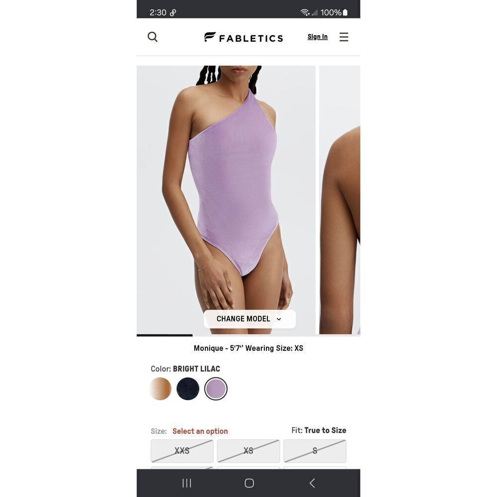 New Large Fabletics Bright Lilac Gigi Velour Thong Bodysuit One Shoulder NWT